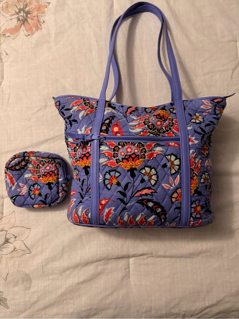 Vera Bradley Quilted Floral Tote Bag in Lavender with Matching Pouch